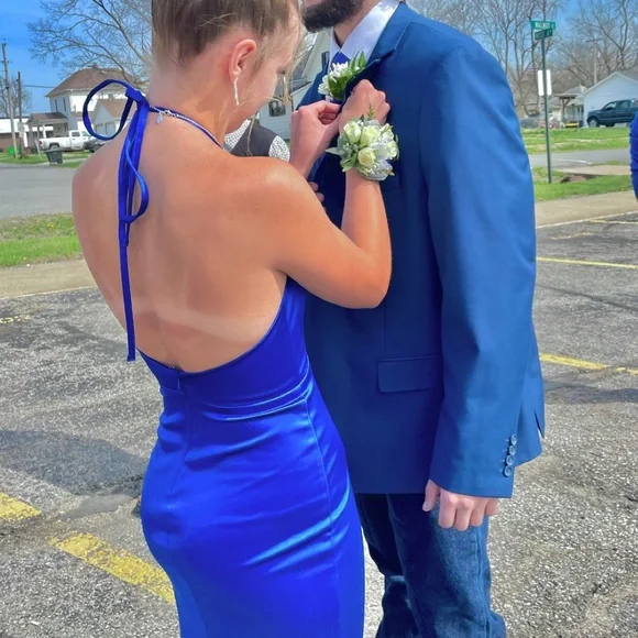 blondie nites blue prom dress Jocelyn Long Glitter Mesh V-Neck Dress